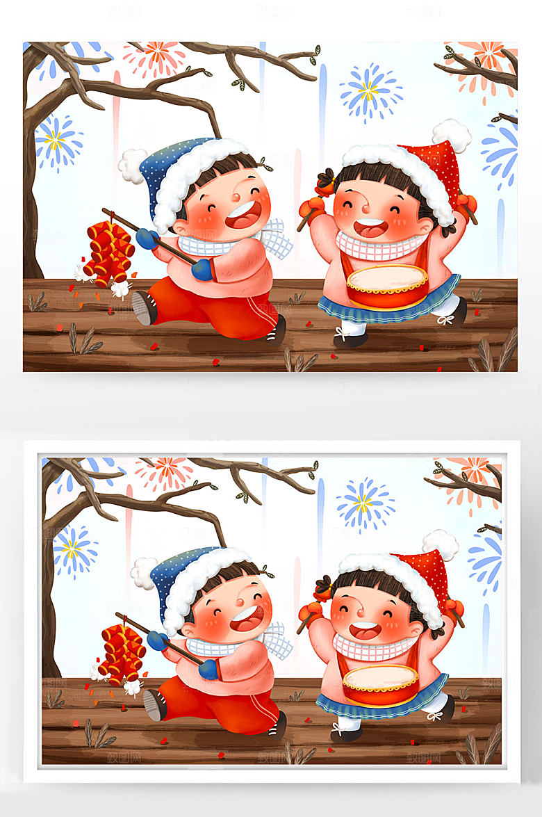 红色打腰鼓放鞭炮春节小清新插画
