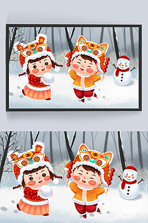 红色春节虎头帽福娃玩雪插画