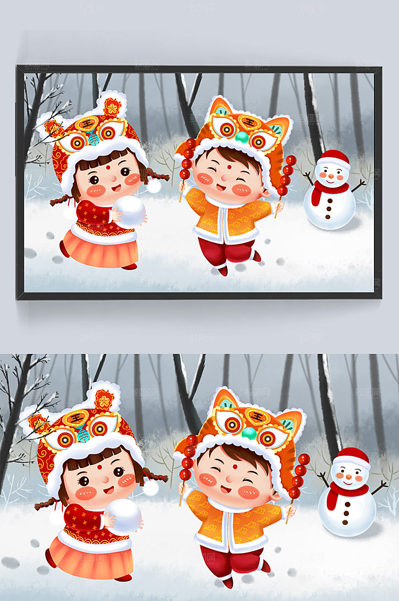 红色春节虎头帽福娃玩雪插画