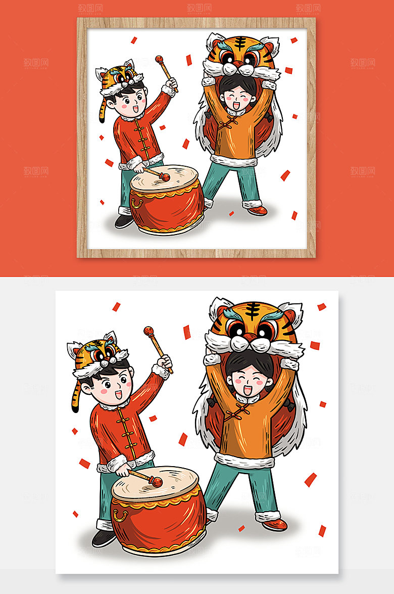 喜庆国潮虎年新年插画打鼓舞老虎