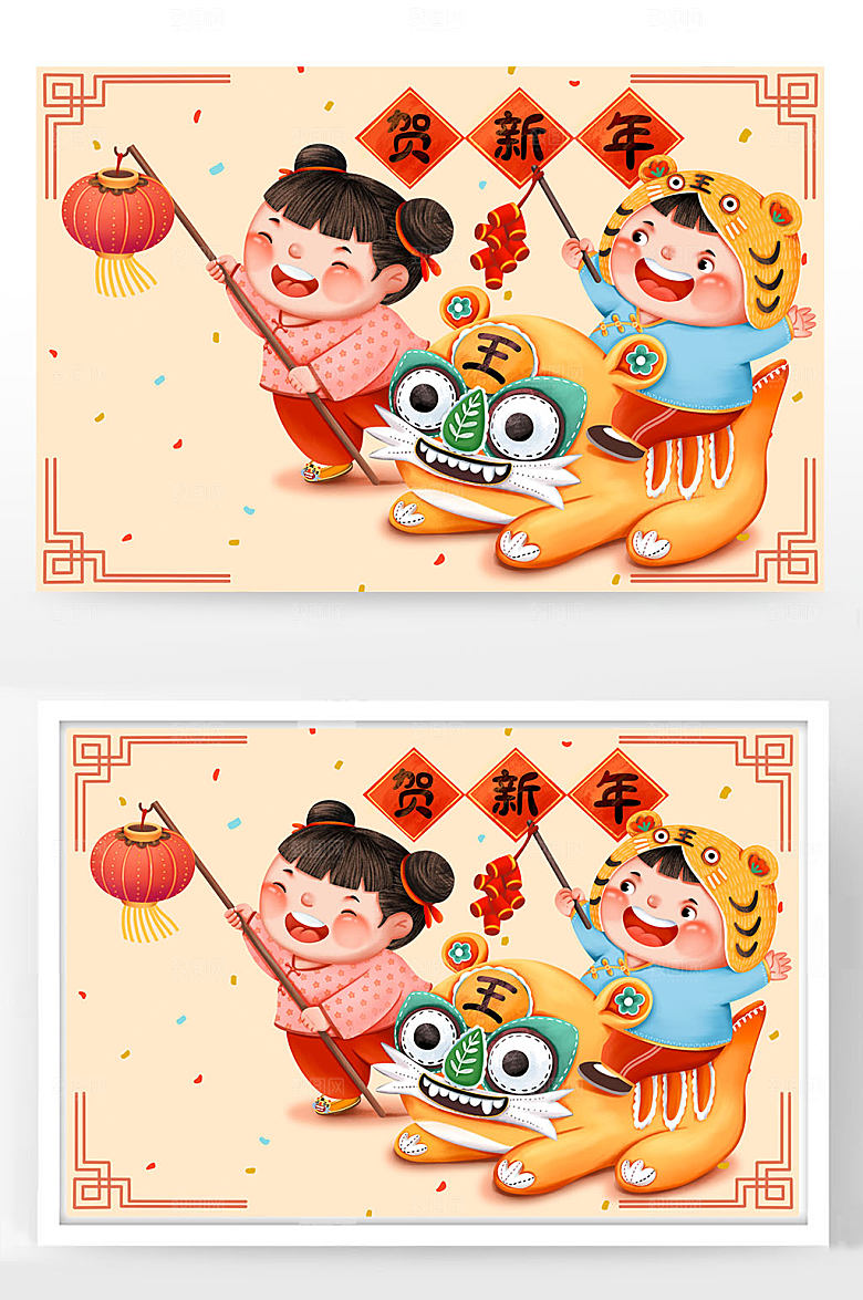 虎年骑老虎拿鞭炮春节插画