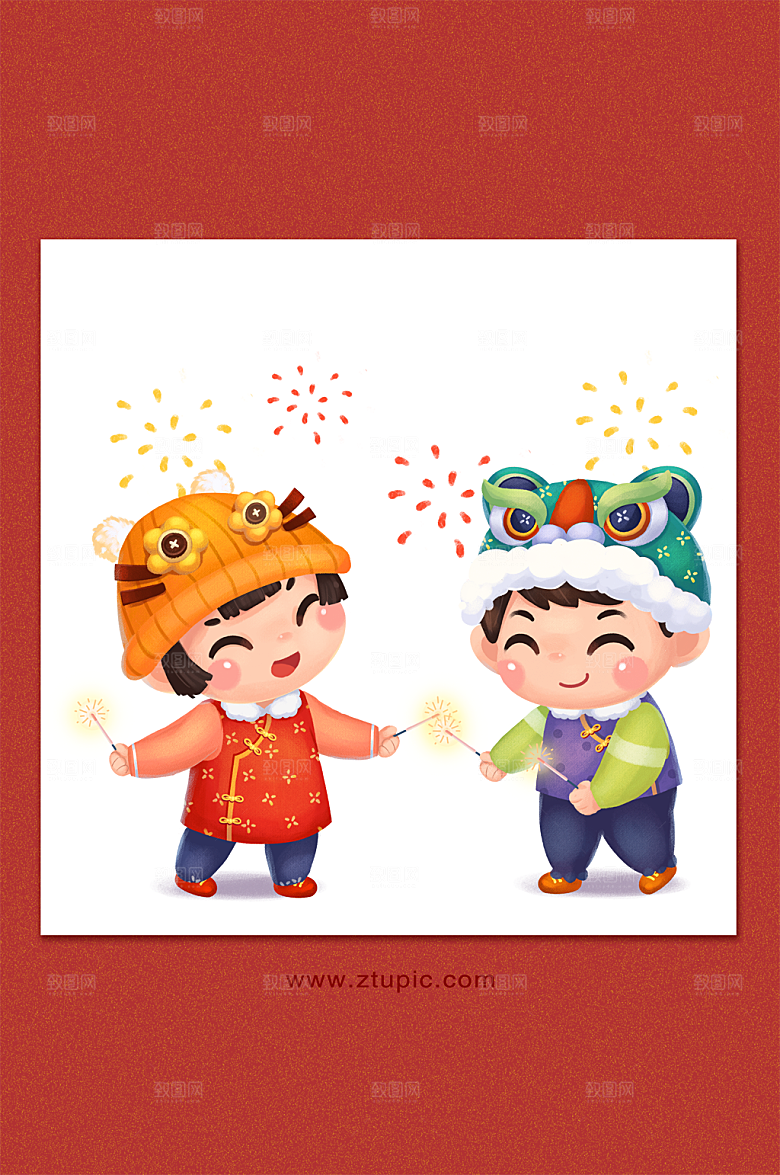 虎年新春虎娃放烟花插画