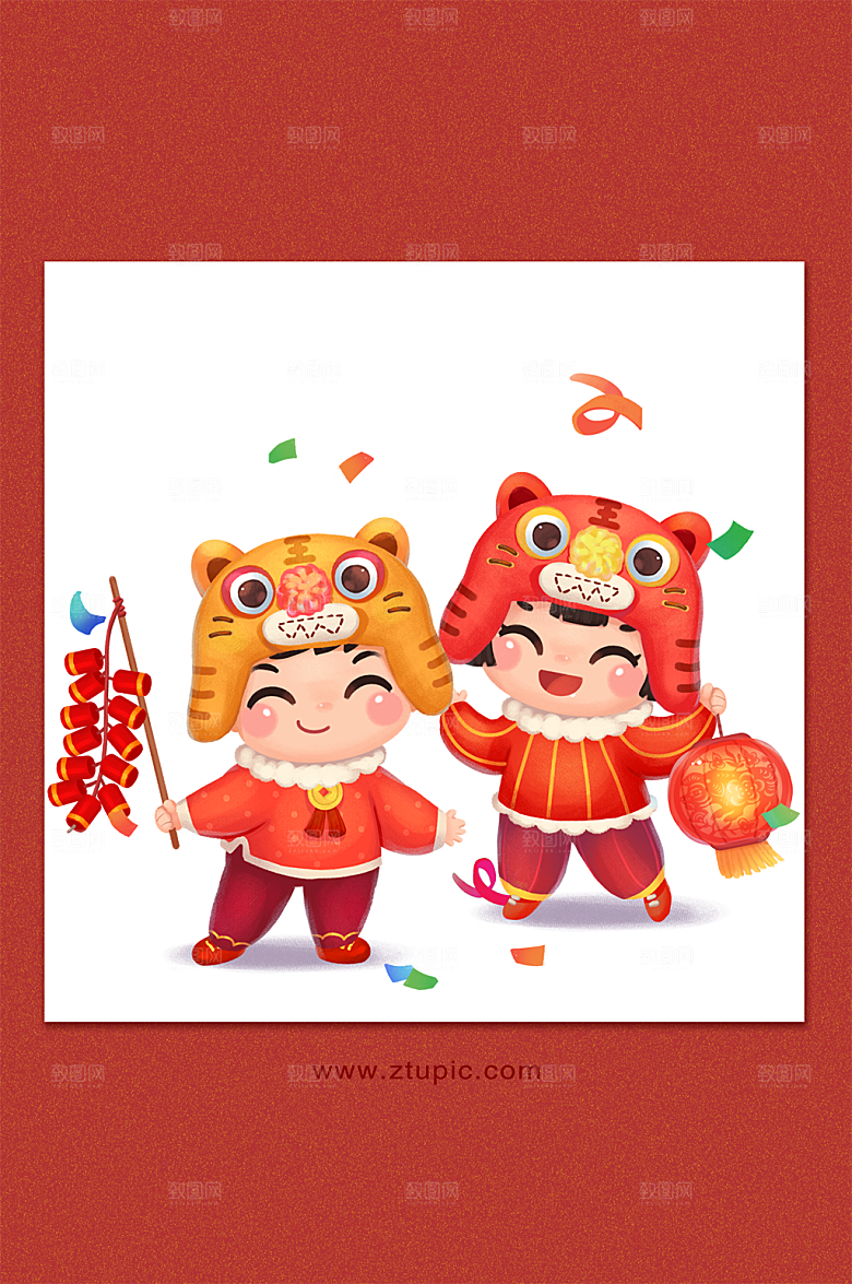 虎年新春虎娃张灯结彩插画