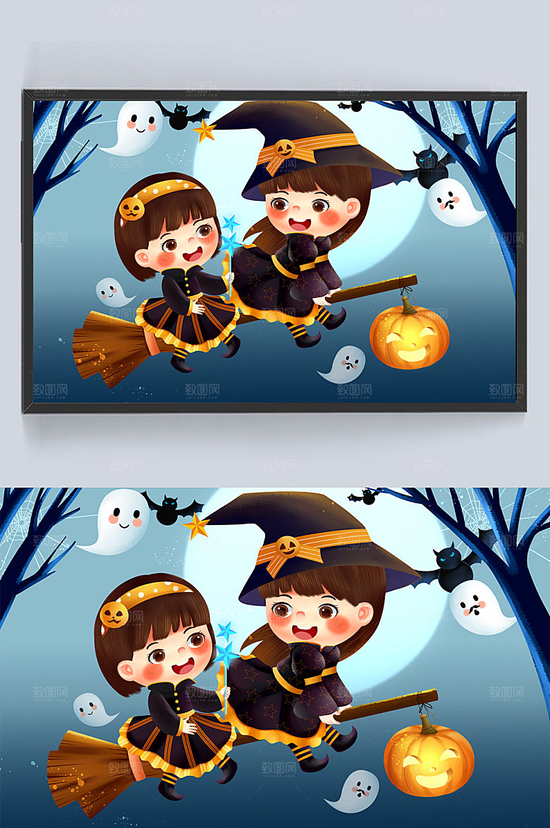 万圣节可爱女巫姐妹骑扫帚插画