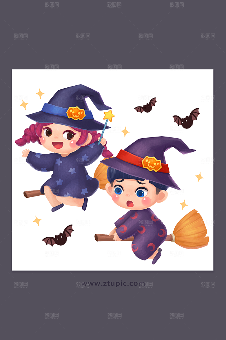 可爱万圣节小魔法师插画