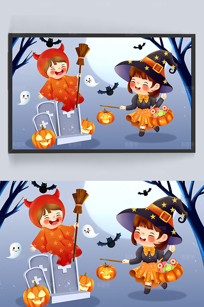 可爱万圣节夜晚魔女与恶魔插画