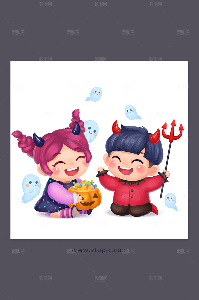 可爱万圣节幽灵小魔鬼插画