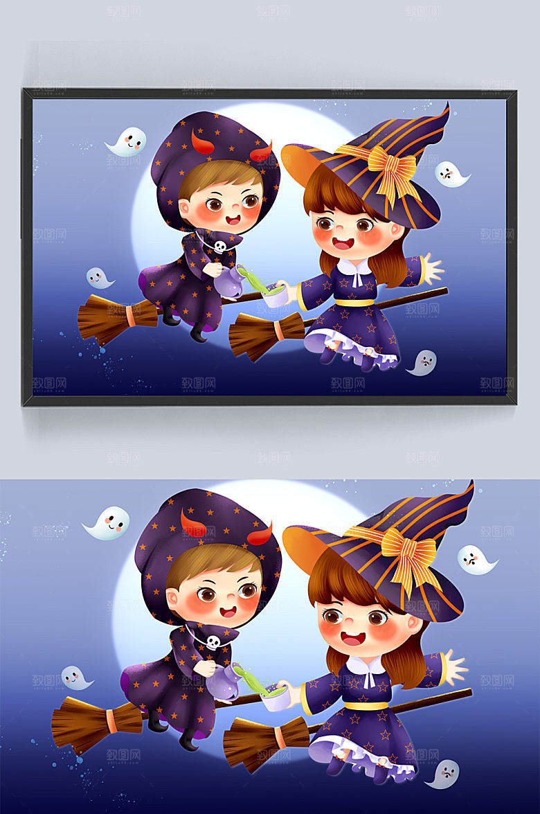 万圣节之夜女巫与魔鬼一起飞行原创插画