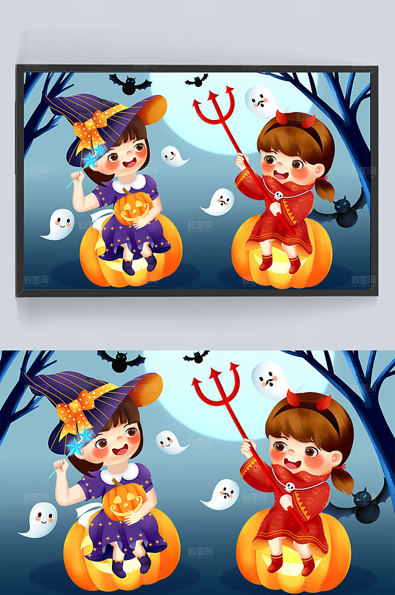 万圣夜魔女与精灵插画
