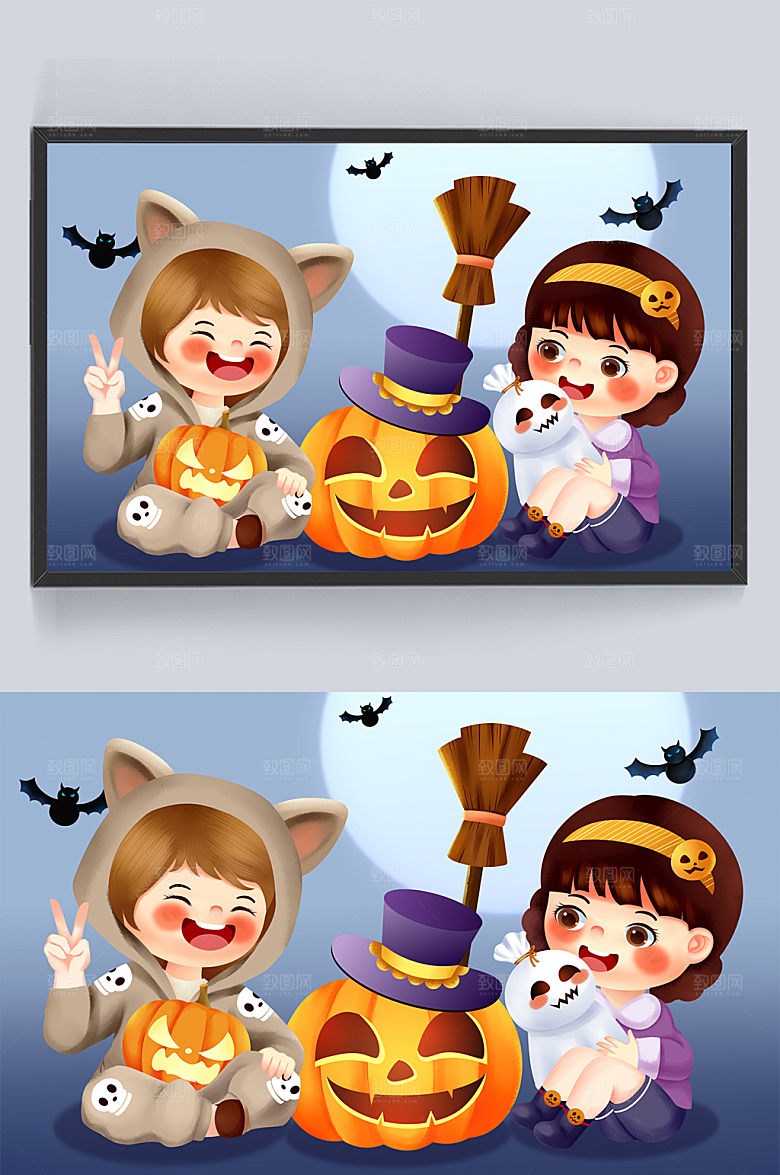万圣夜魔女狼人插画