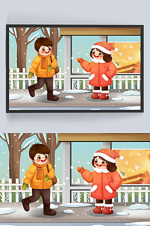 可爱冬季下雪男生等公车插画