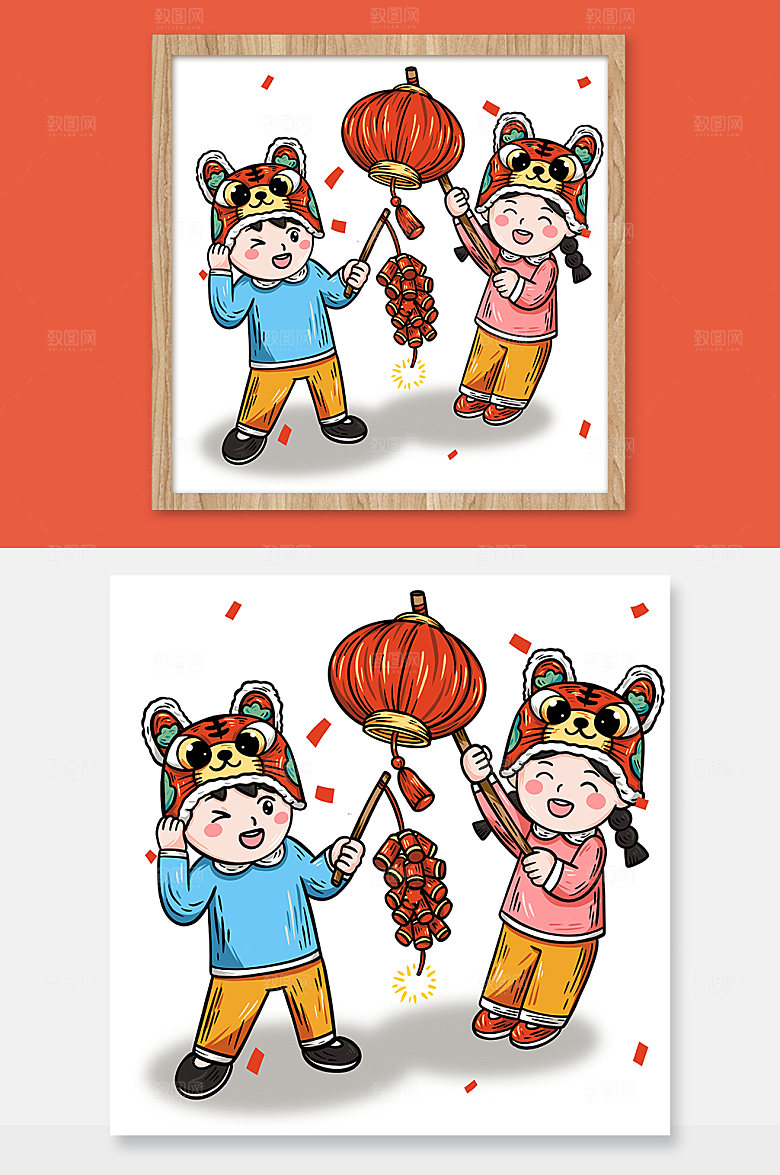 可爱虎年新年喜庆挂灯笼拿鞭炮