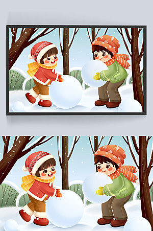 小清新下雪滚雪球堆雪人冬季插画
