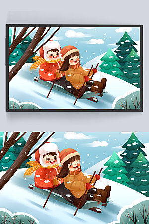 双人雪天快乐滑雪运动插画
