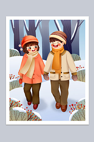 雪地小情侣散步冬季插画