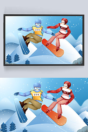 冬奥会双人滑雪运动冬季插画