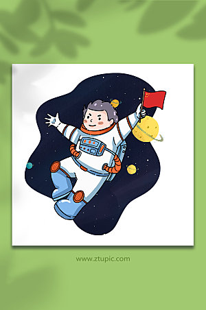 太空人航天卡通人物宇航员举旗插画