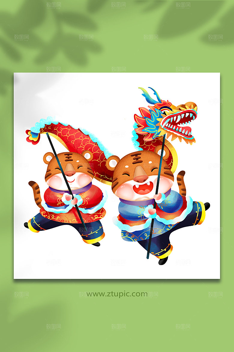 手绘可爱虎年舞龙春节插画