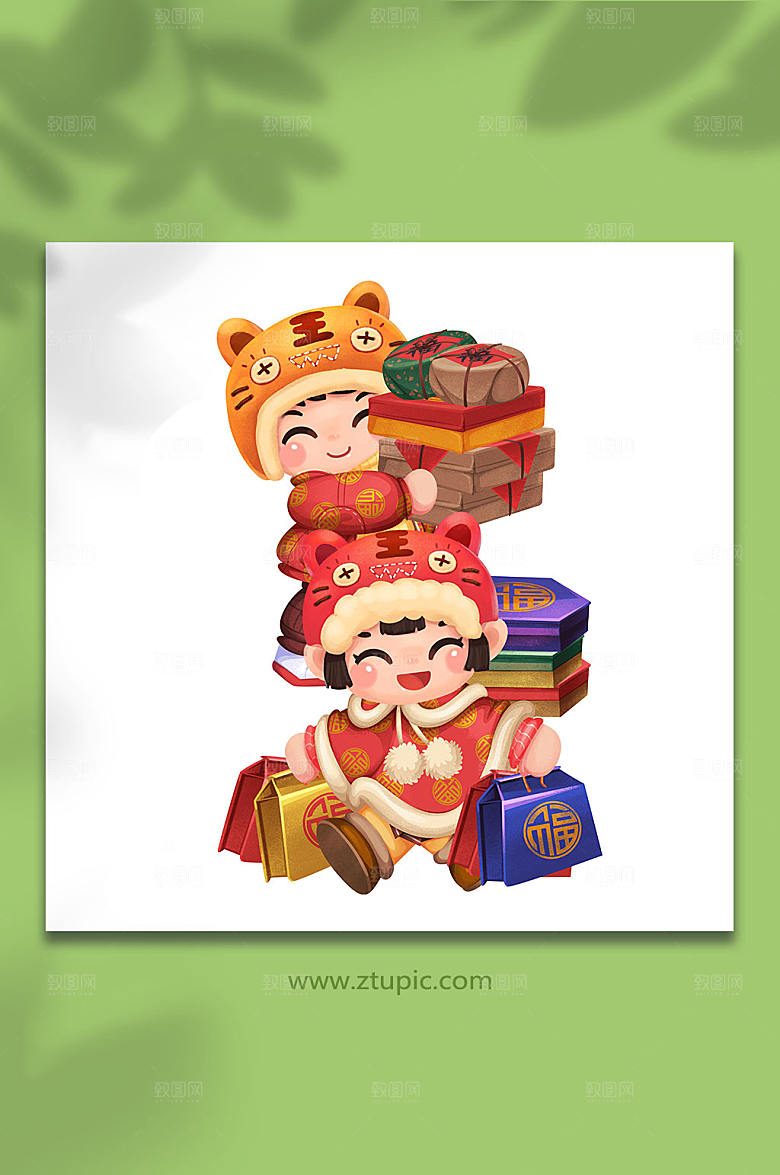 手绘可爱春节新年买年货插画
