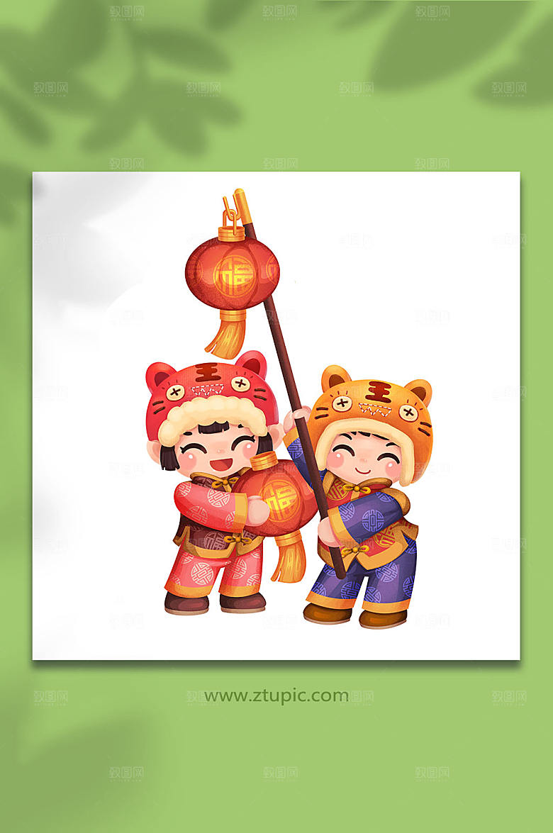 手绘可爱新年小孩挂灯笼虎年插画