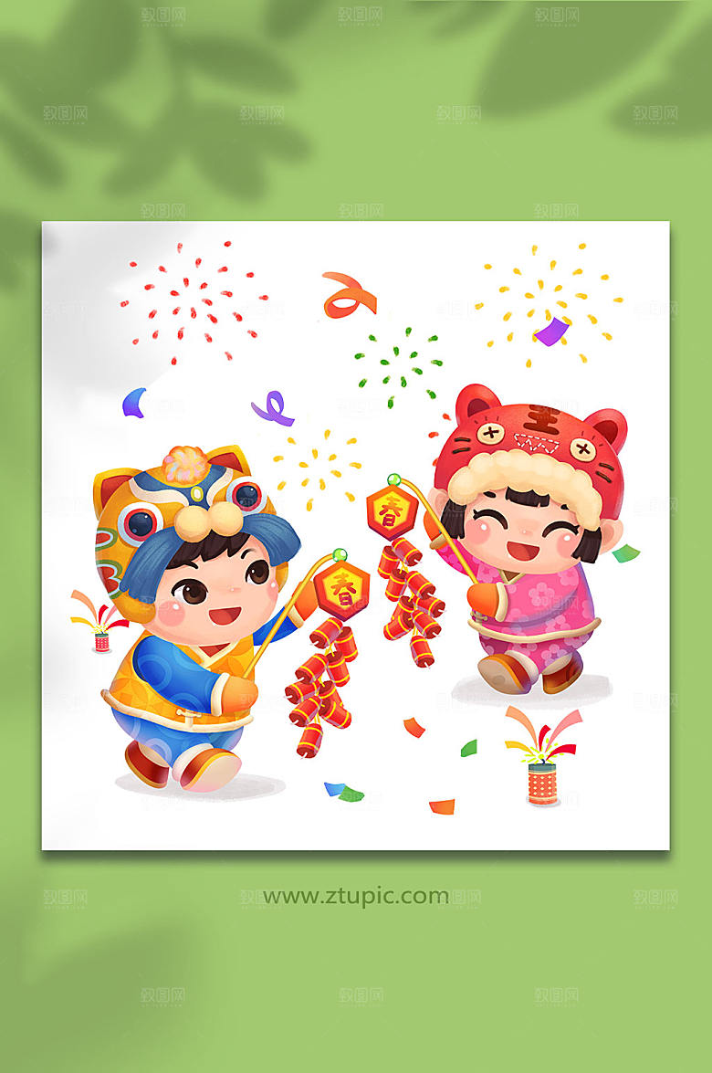 手绘可爱虎头帽福娃放鞭炮插画