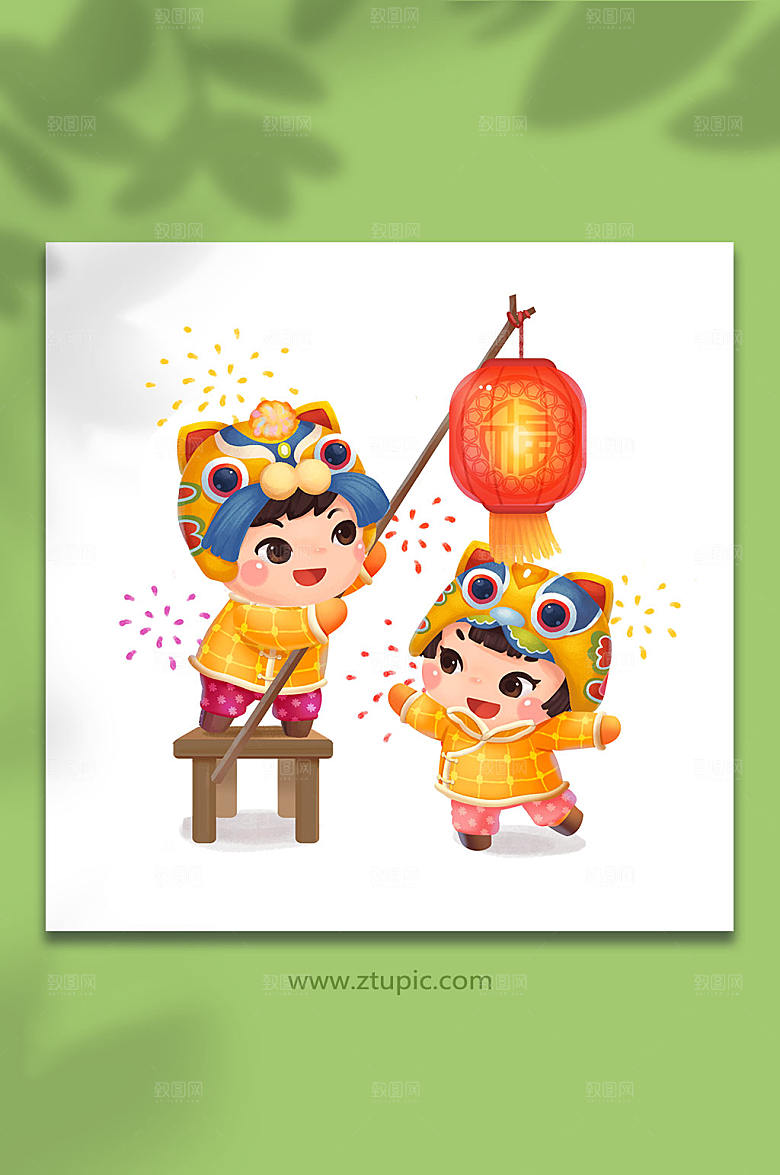 原创卡通小孩挂灯笼虎年插画