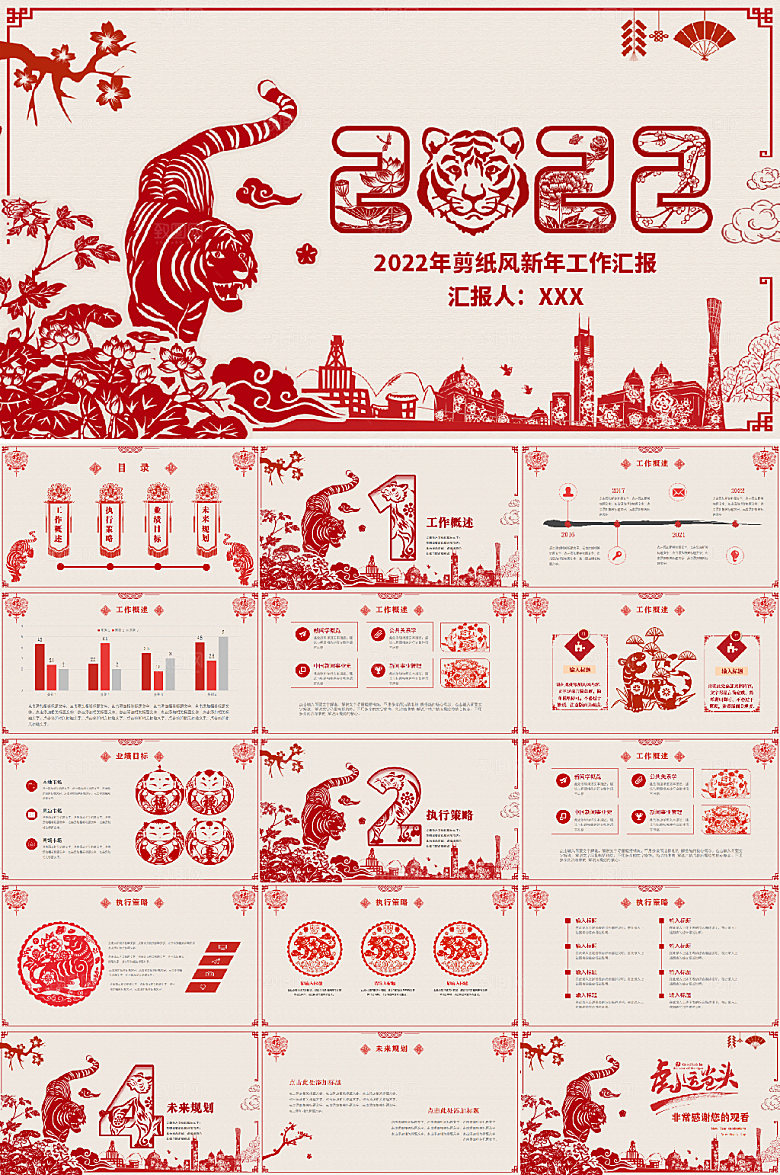2022虎年简约剪纸风述职工作PPT