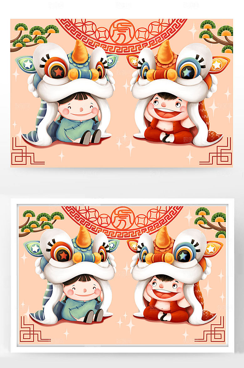 红色醒狮春节福娃和插画