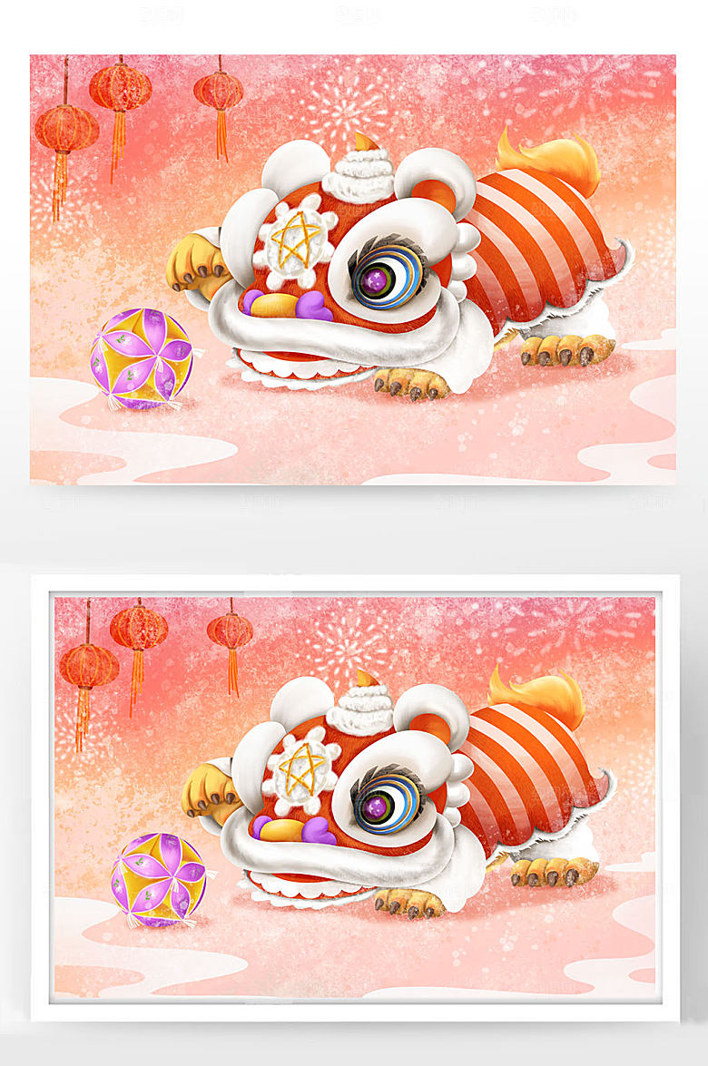 醒狮滚绣球春节插画设计