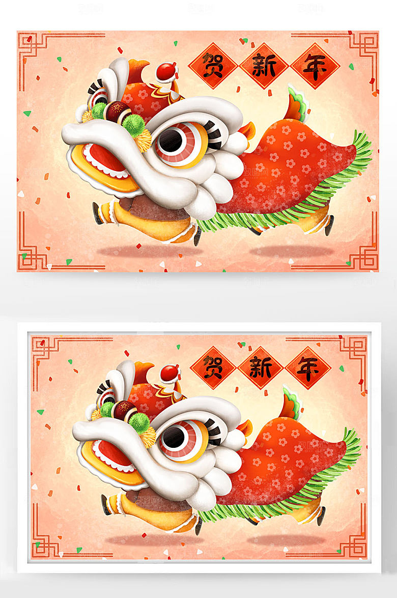 原创醒狮来啦春节插画设计