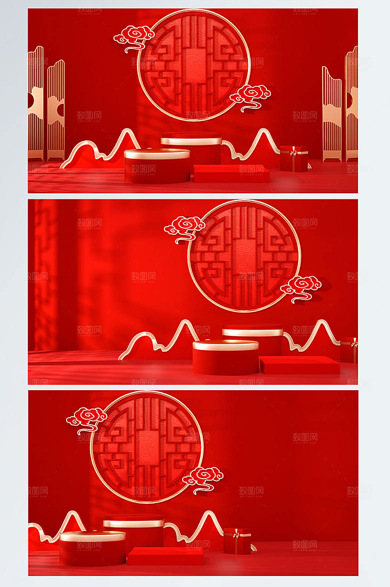 窗花大气红色展台电商背景
