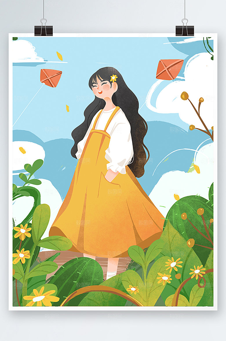 卡通户外春天38妇女节女神节插画