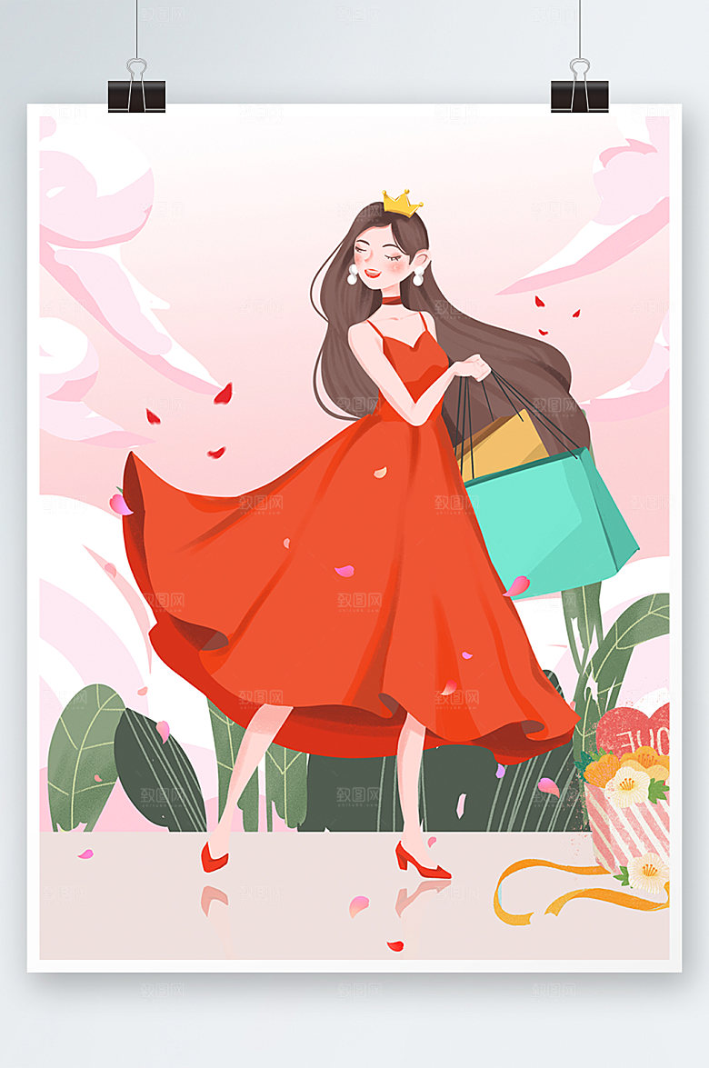手绘卡通妇女节插画设计