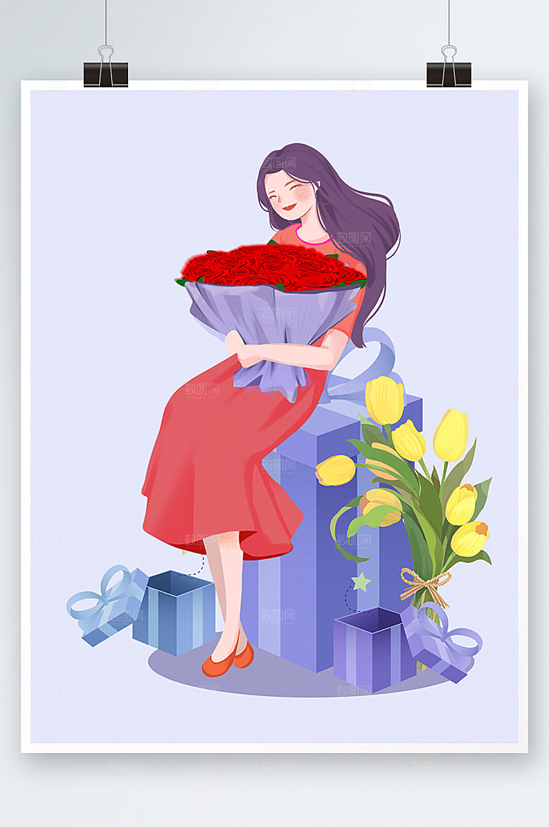 手绘卡通妇女节女神节插画设计