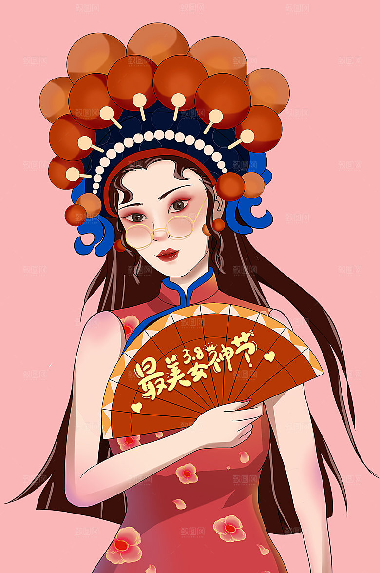 最美女神国潮节妇女节插画