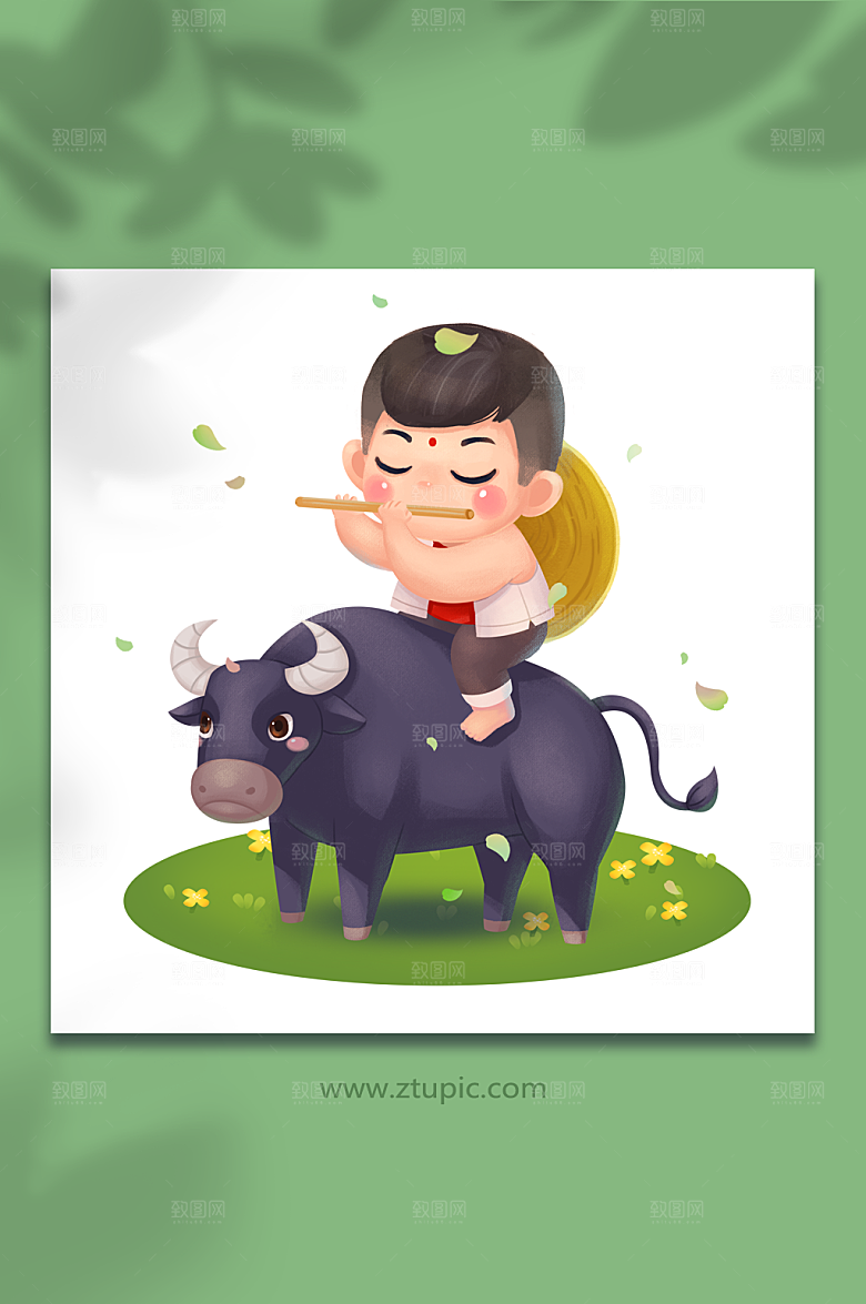 清明节清明牧童与牛骑牛吹笛插图