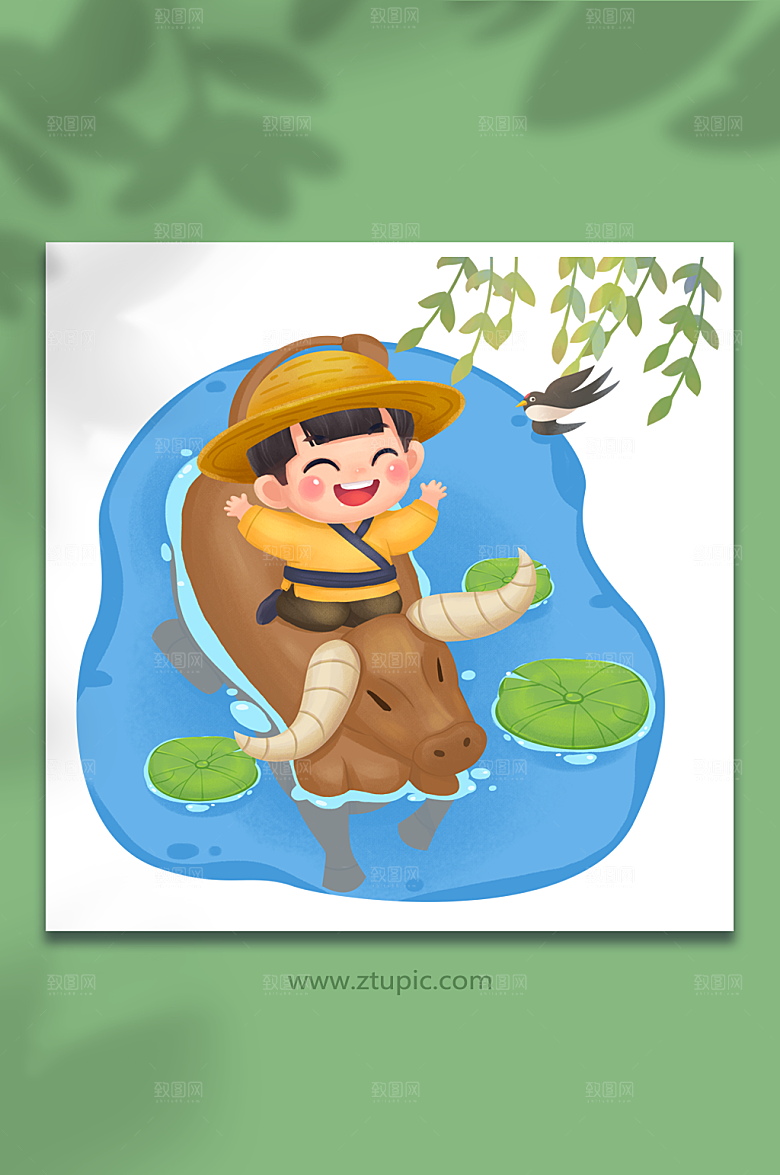 牧童与牛池塘插图清明节插画