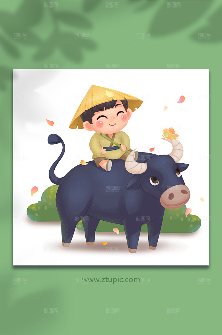 牧童骑清明节插画牛落叶林间设计