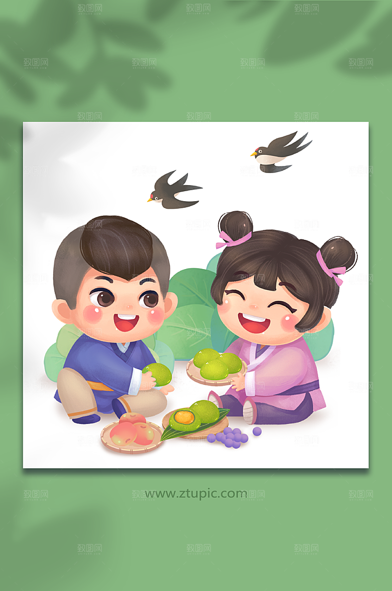 踏青春季清明节青团插画