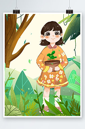 春季春天植树节女孩植树节造林海报