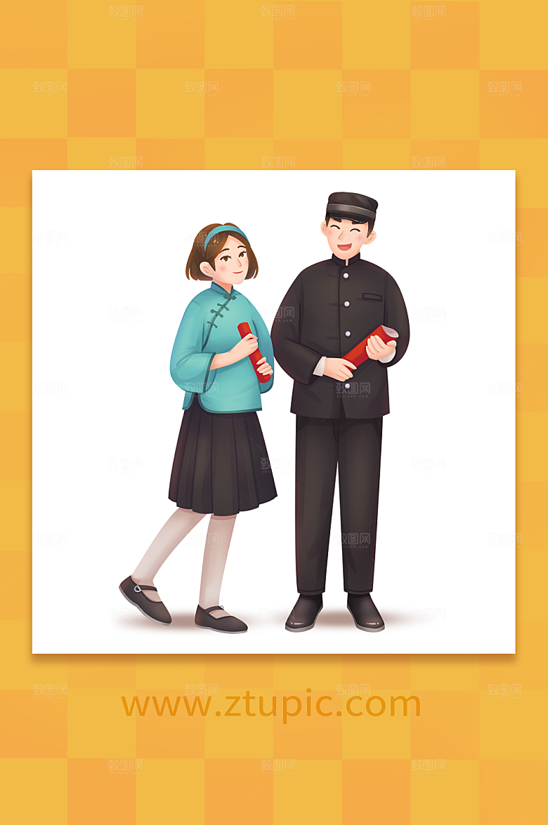 男女民国朝气青年节插画设计