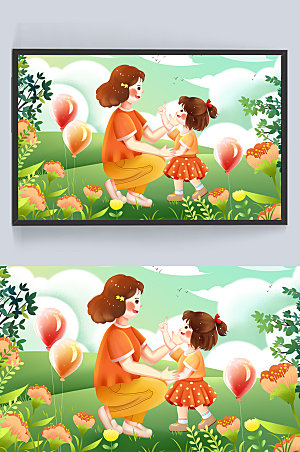 母亲节温馨花丛母亲与女儿插画设计