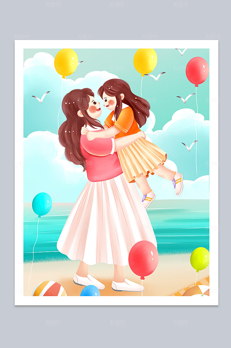 母亲节蓝色海边母亲抱起女儿插画设计