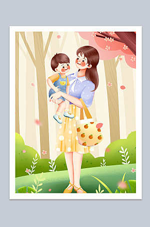 妈妈抱宝宝治愈母亲节插画设计
