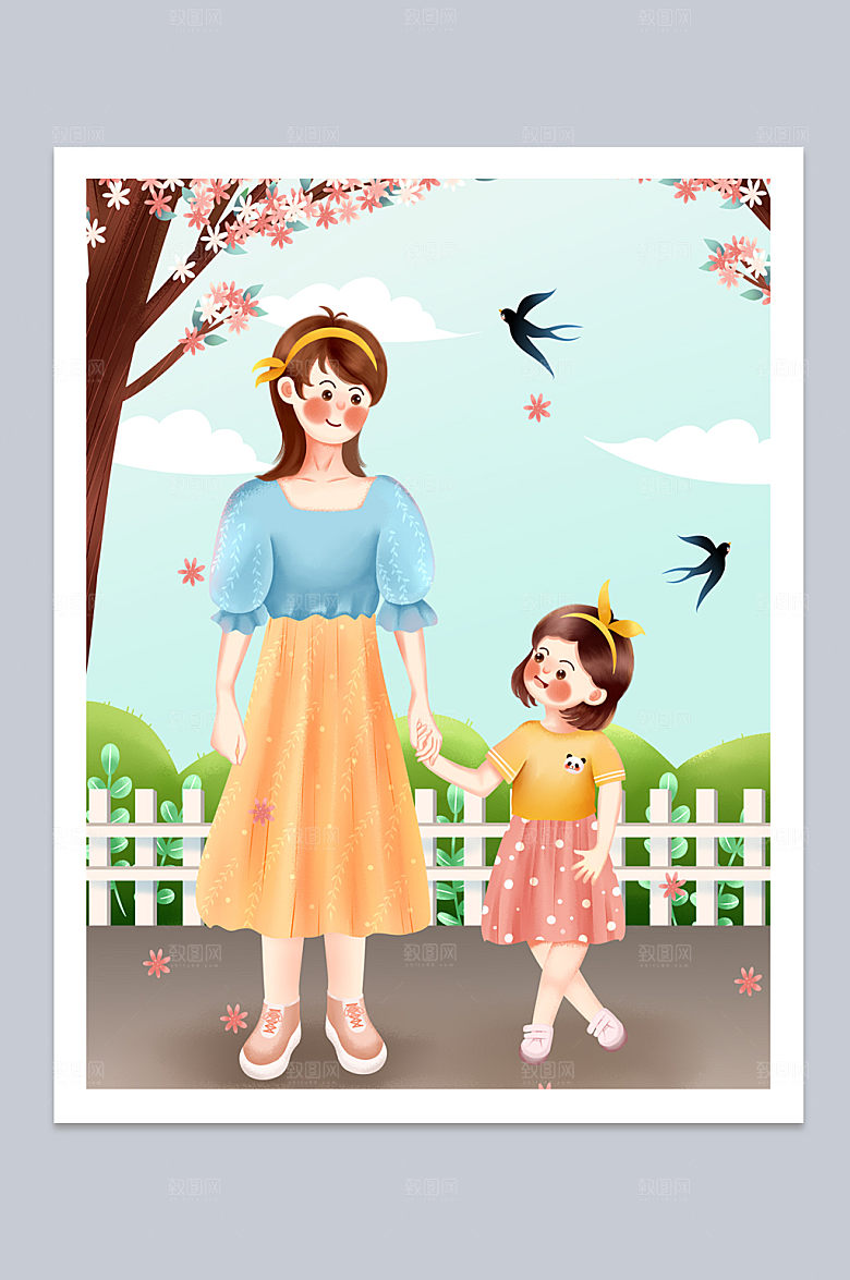 亲子互动温馨母亲节插画设计