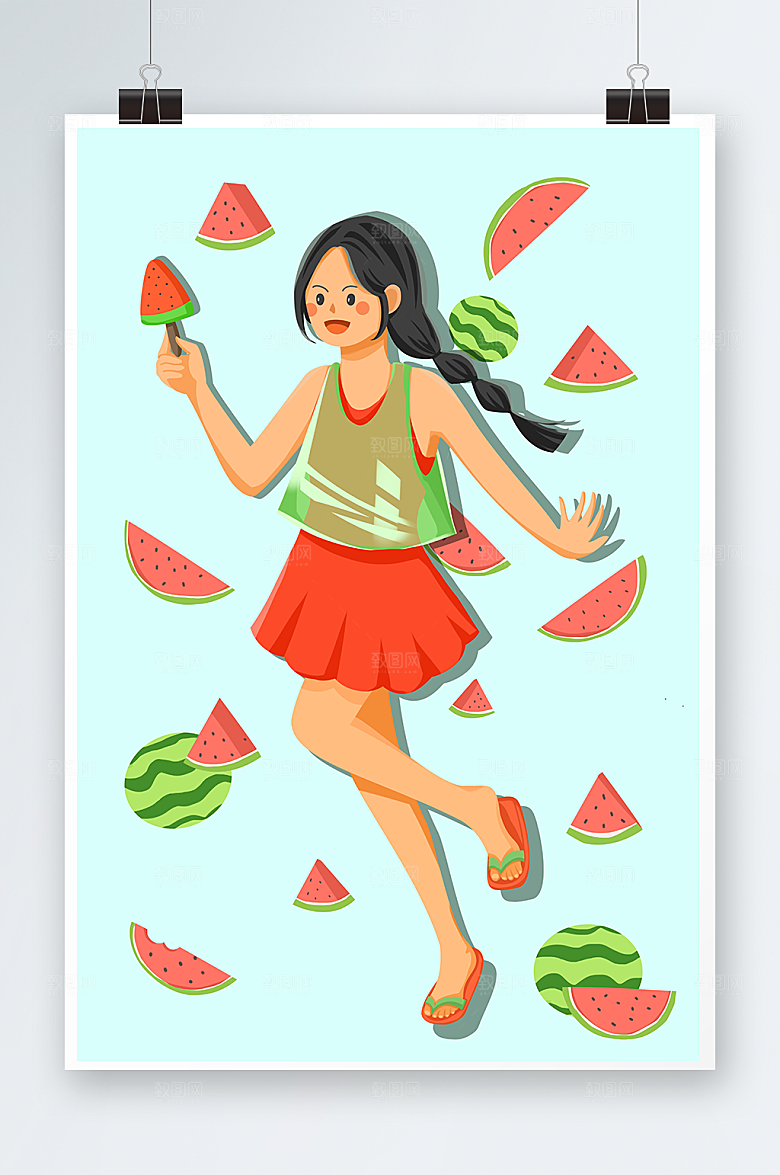女孩的清凉一夏水果人物插画