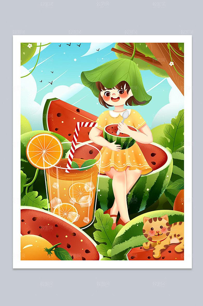 橙汁水果美食人物插画