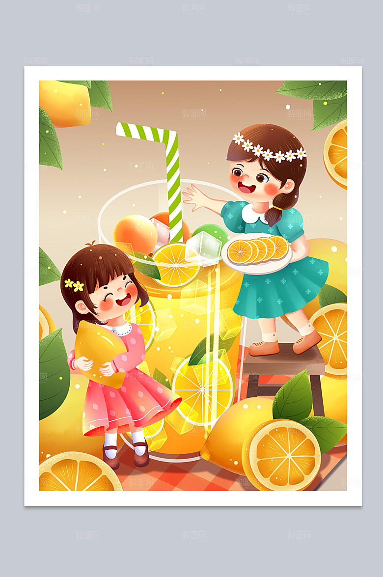 冰镇饮品夏季水果美食人物插画