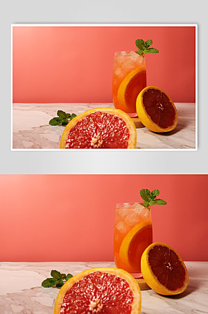 粉红西柚鲜橙果茶夏季摄影照片