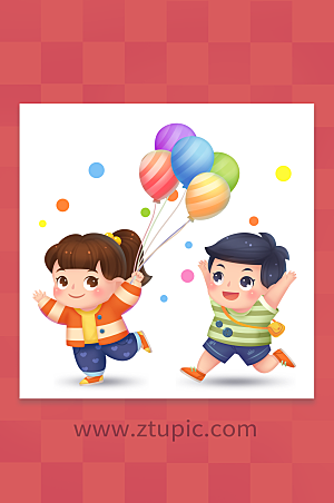 开心儿童节气球人物插图